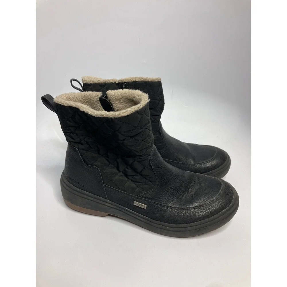 Merrell Waterproof Boots Women Size 9 Black Good Quilted Faux Fur Lining J81290